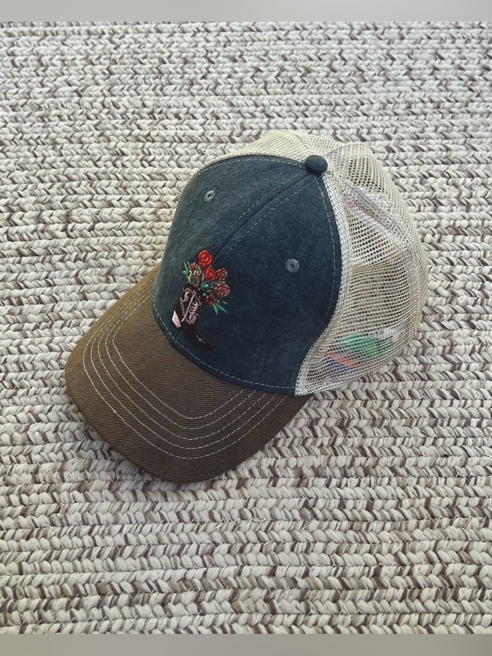 Embroidered Cowgirl Boot Floral Trucker Cap Hat